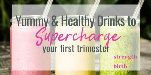 Some yummy looking smoothies in pink, yellow, and green for a post about first trimester drinks