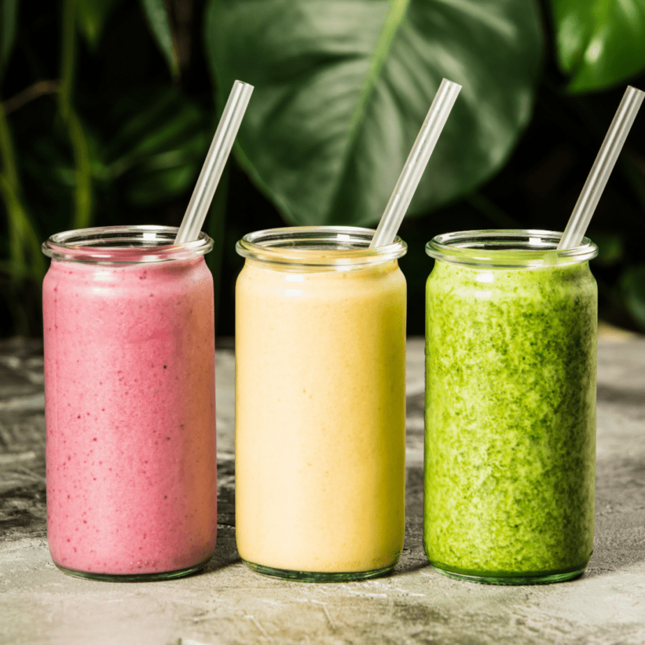 3 healthy smoothies in pink, yellow, and green