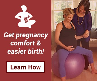 A woman on a birth ball is being supported by a caregiver in her exercises for an easier birth