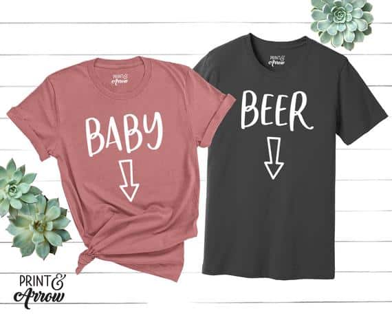 Cute Pregnancy Announcement Shirts for couple. Baby with arrow to belly & Beer with arrow to belly