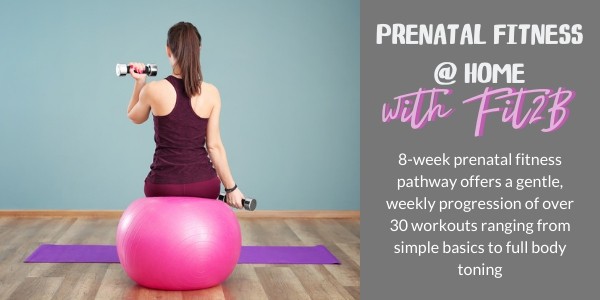 Woman exercising at home advertising prenatal fitness course