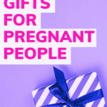 A purple striped gift for a pregnant woman with the pink words Thoughtful Gifts for Pregnant People